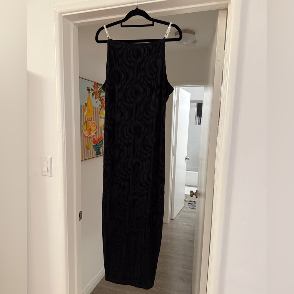Black Textured Maxi Slip Dress with Pearl Beaded Straps